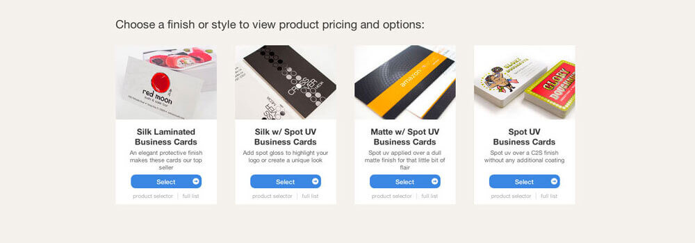 We offer a variety of business cards for you to choose from. We made it a lot easier! The category page provides you with a photo and brief description of each finish and style. Click on the style that you are interested in to view the product page.