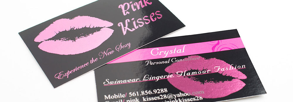 Enhance your business card by printing with inline foil. Also known as cold foil business cards. This is an example of using pink.