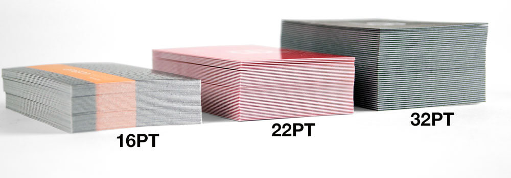 Below demonstrates the thickness compared to our 16PT matte business card and our 22PT gloss laminated business card.