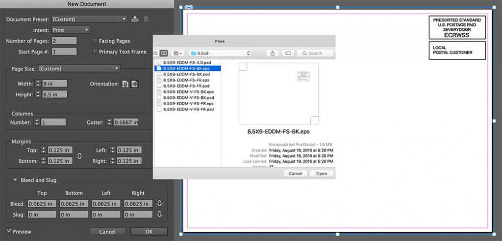 Indesign indicia file placement for a 6.5" x 9" EDDM Postcard