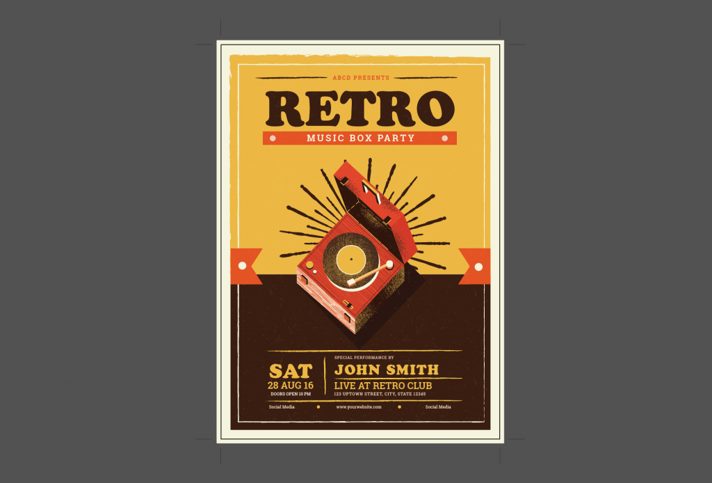 This 8″ x 11.5″ “Record Player Flyer” template designed by Guuver has fully editable vector graphics as well as editable text.