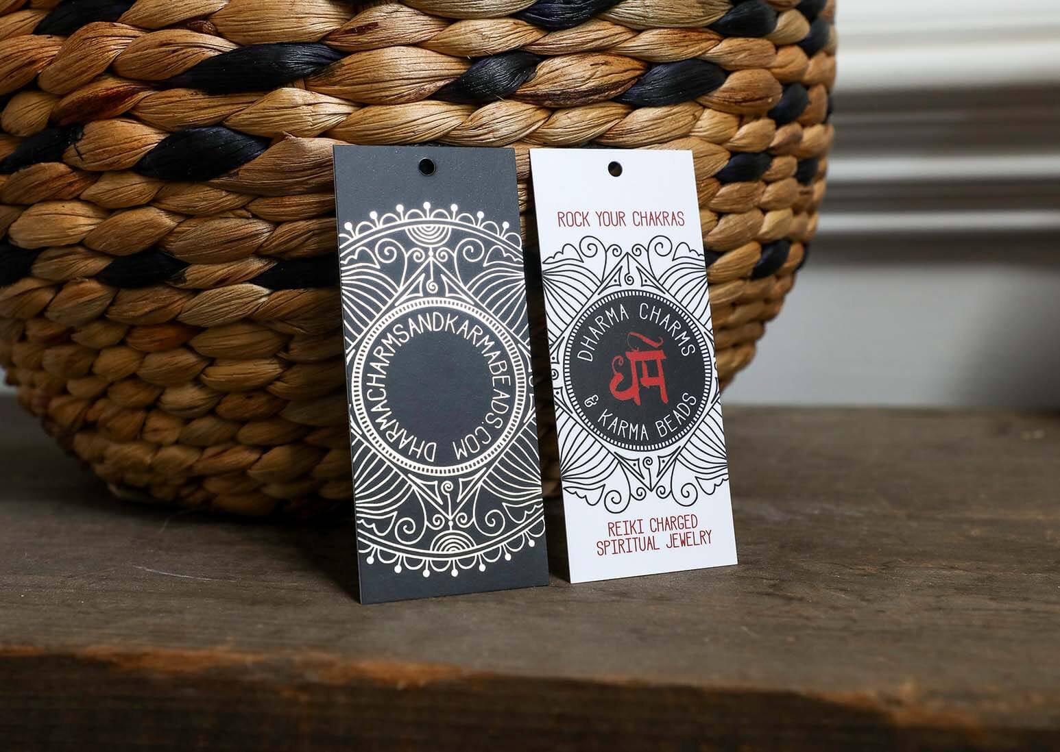 Custom Foil Hang Tags Printed for Dharma Charms Kharma Beads.