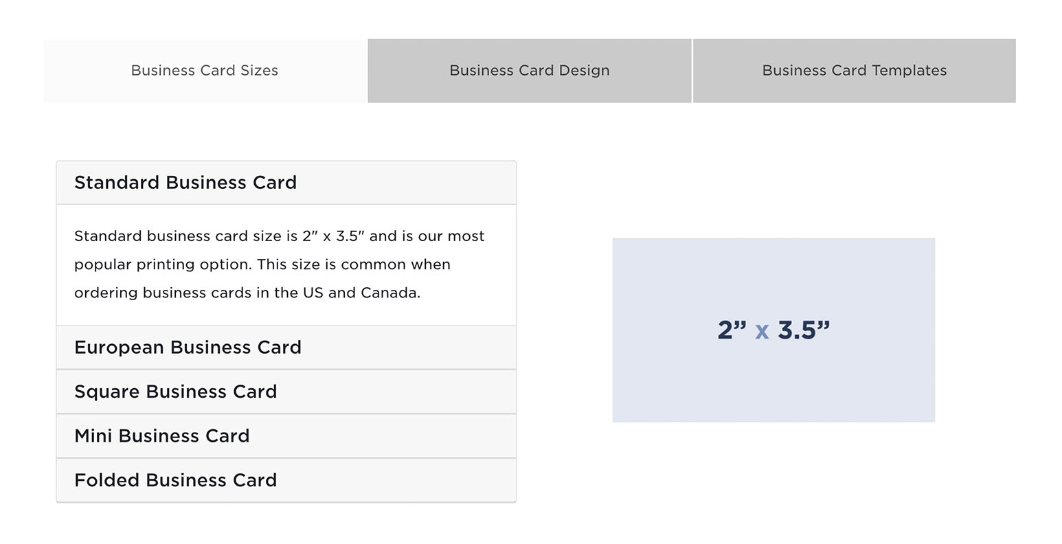 We've added teh following tabs to help you shop for the right custom business cards. The tabs feature sizes, graphic design services and free business card templates. 