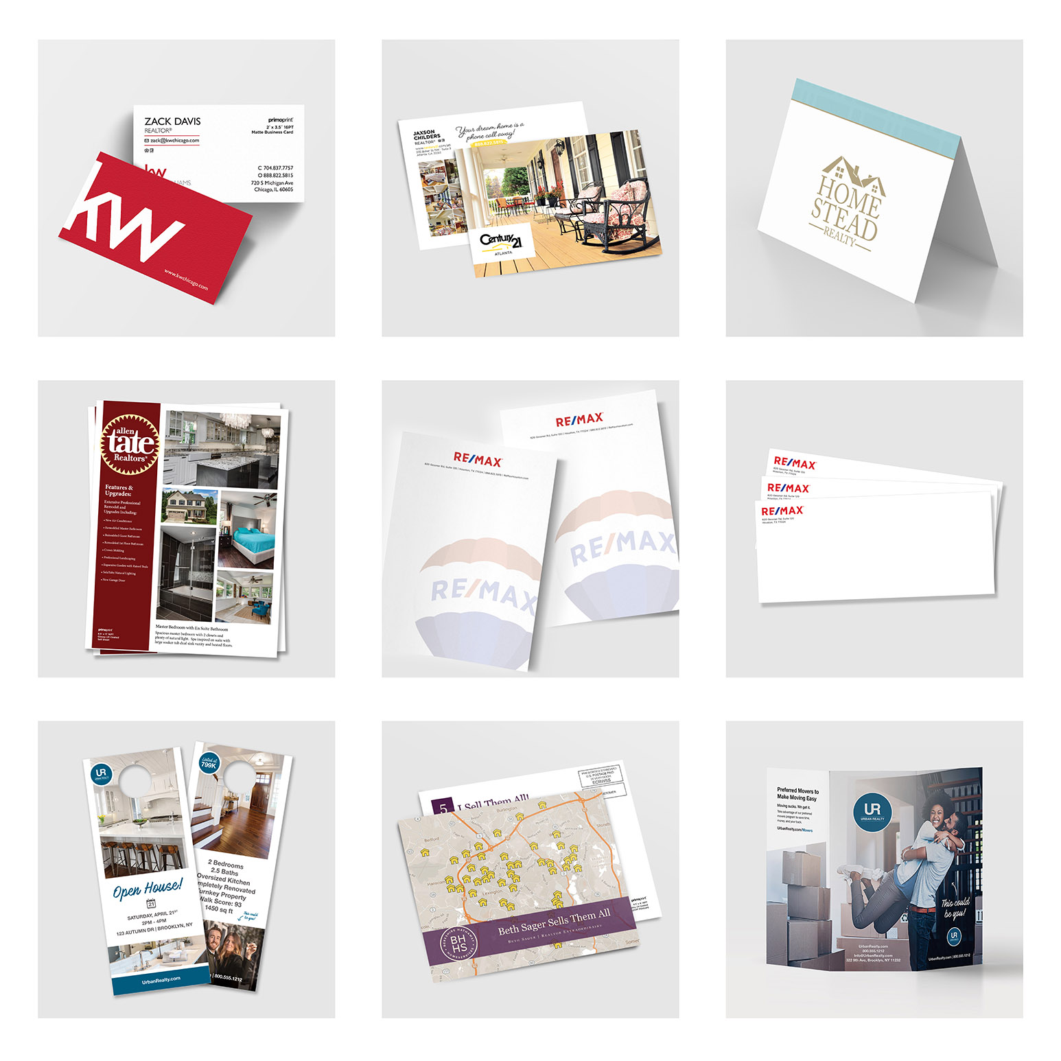 Our free real estate sample packet includes a variety of marketing products; business cards, postcards, door hangers, EDDM®, brochures, and more. 