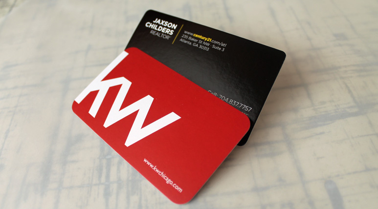 Glossy UV coated stock vs. Matte card stock which is not shiny, but still with a slight sheen. 