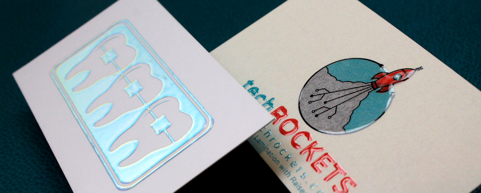 Raise your business card design to new heights with Raised Spot UV and Holographic Foil.