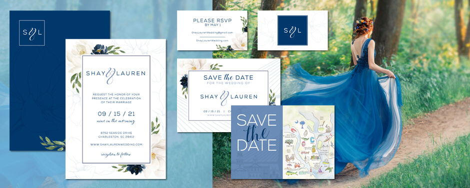 Beautiful wedding invitations with the use of the color blue. 