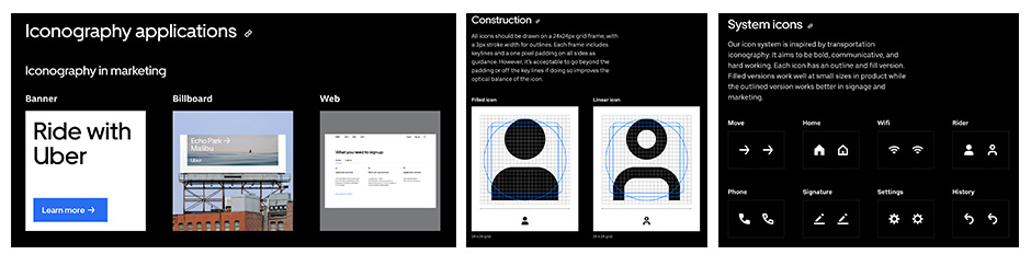 Uber Brand Guidlines “Uber” has a great example of how their company uses iconography.