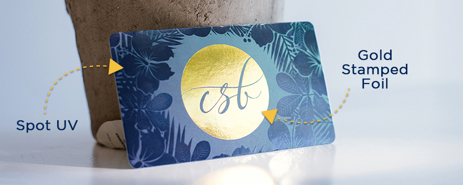 Gold stamped foil on 16pt Silk paper with Spot UV. 1/8 rounded corners. 