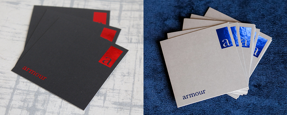 Red and Blue stamped foil on 16pt Silk paper. square business card. 