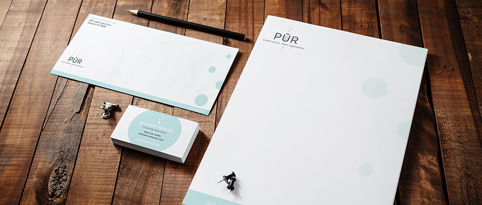 Printed letterhead, envelope, business card. Pure Cleaning Company