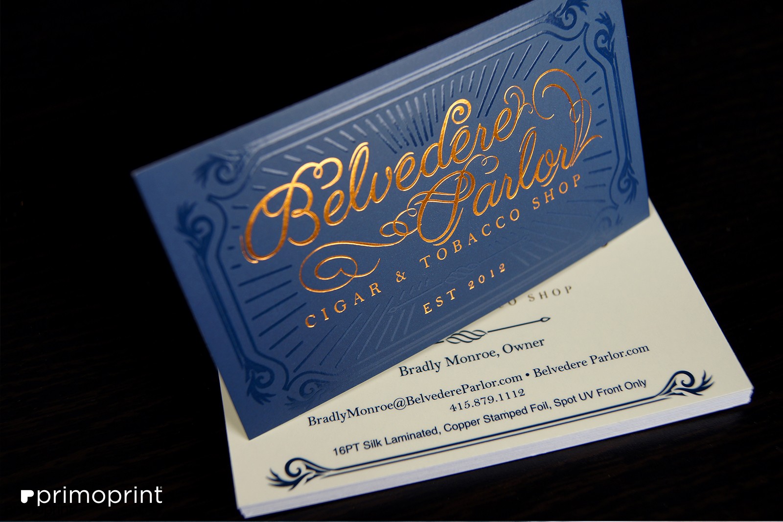 High-end, luxury business cards! These 19pt Silk Laminated Business Cards feature Copper Stamped Foil and a beautiful Spot UV design on the front.