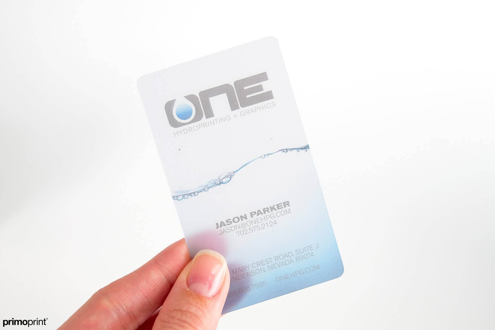 20PT frosted plastic business card. Printed in USA.