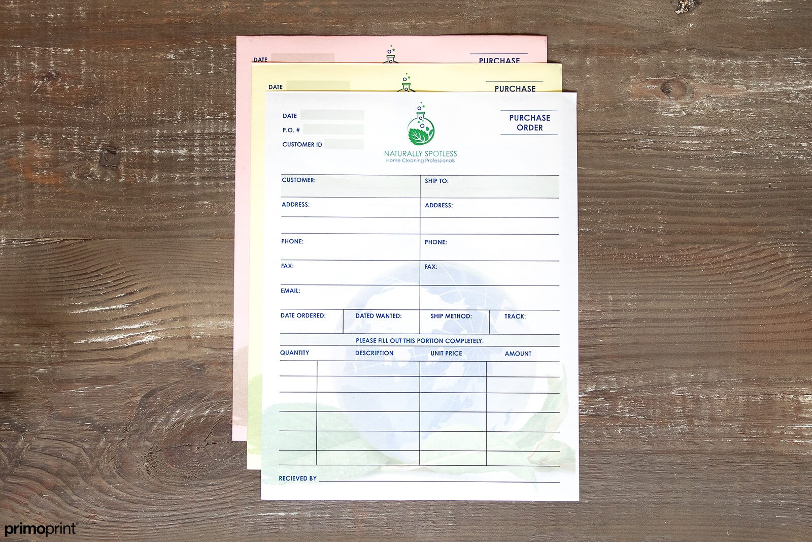 Full-color carbonless NCR form designed by Primoprint. 