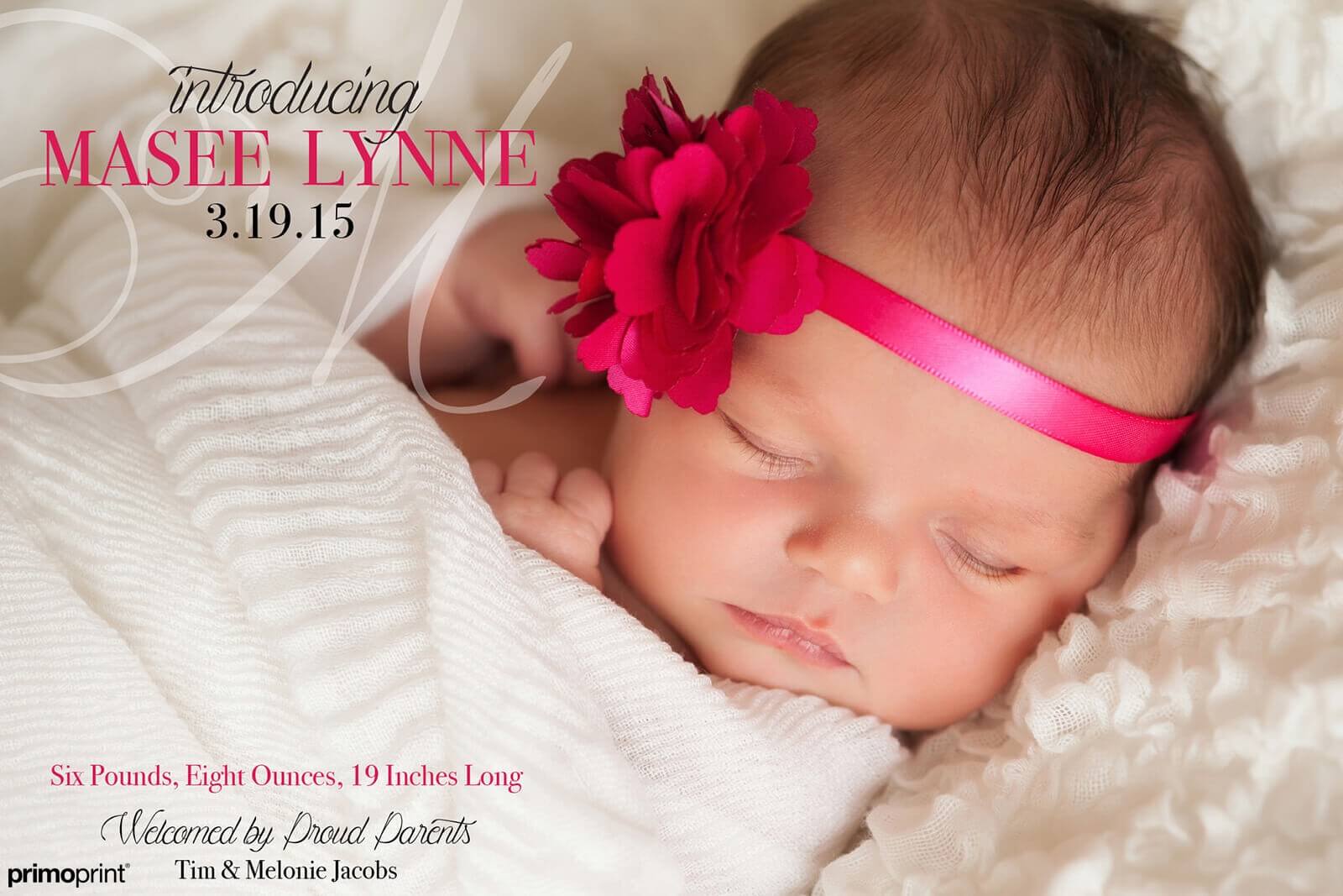 Custom baby announcement designed and printed by Primoprint.