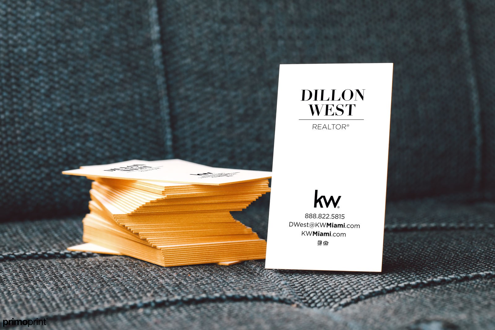 32pt thick uncoated business card with gold painted edges. 