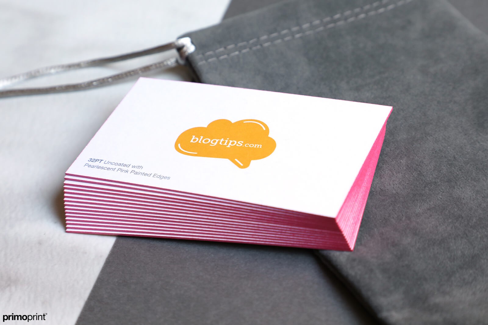 Thick 32PT business card with Pink Painted Edges designed by Primoprint. 