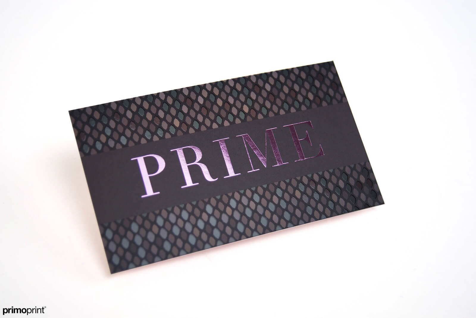 Get noticed with our soft pink stamped foil business card. 19pt silk with soft pink stamped foil.