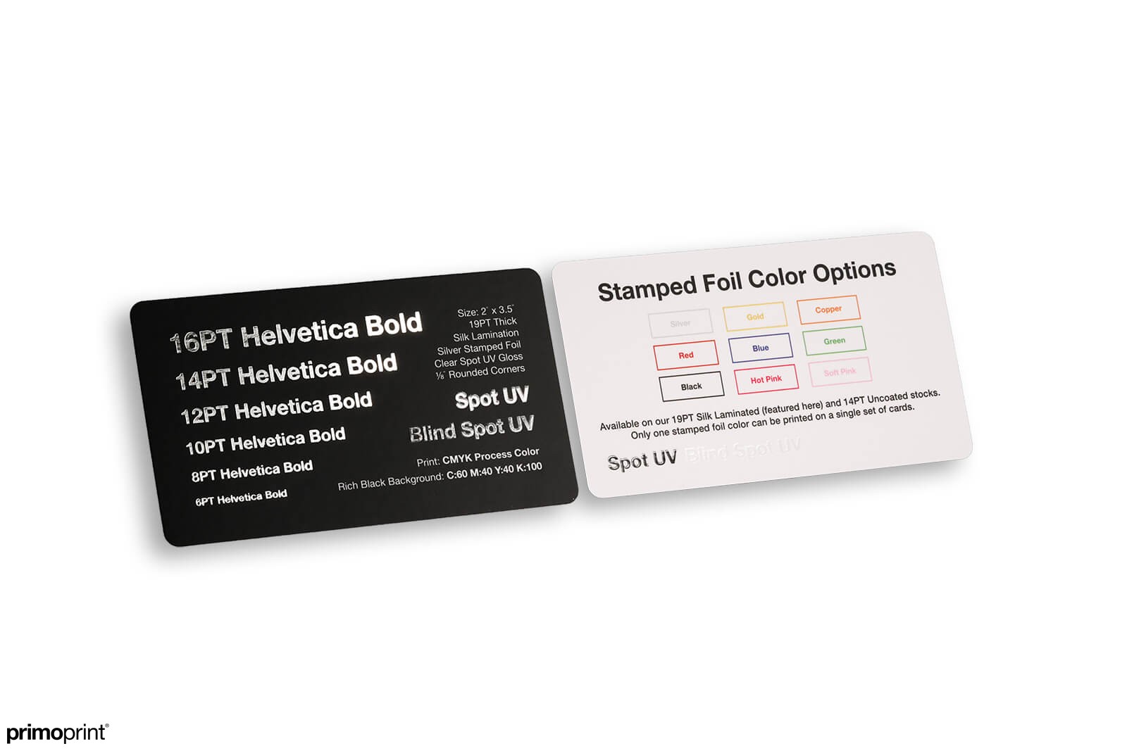 19PT thick silk lamination silver stamped foil business card with clear Spot UV gloss and 1/8 inch rounded corners.