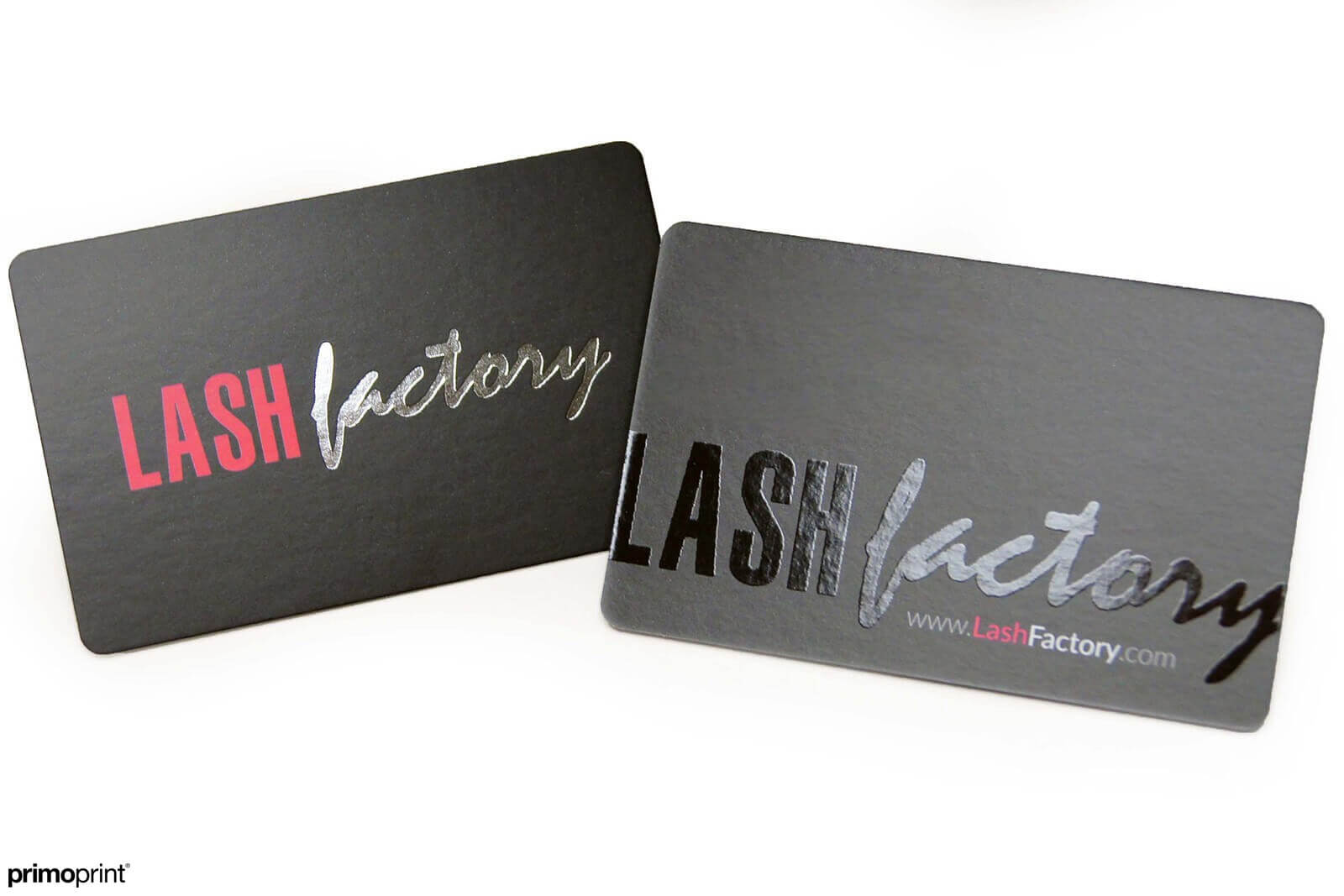 19PT Silk Laminated business cards with silver Stamped Foil and Spot UV.