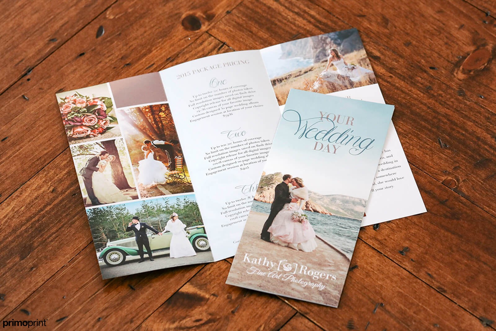 100LB dull book with Satin AQ. Wedding brochure designed by Primoprint